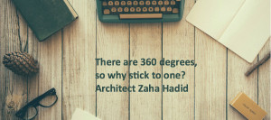 Image of wooden table with old fashioned typewriter and quote of zaha hadid